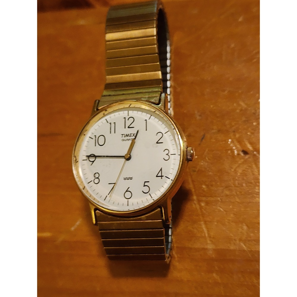 Timex Quartz Watch Gold Tone Expansion Band White Dial Water Resistant Vintage